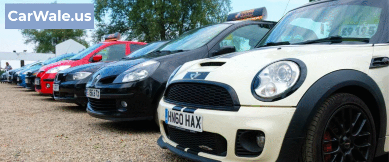 Row of used cars for sale in the USA with CarWale.us branding